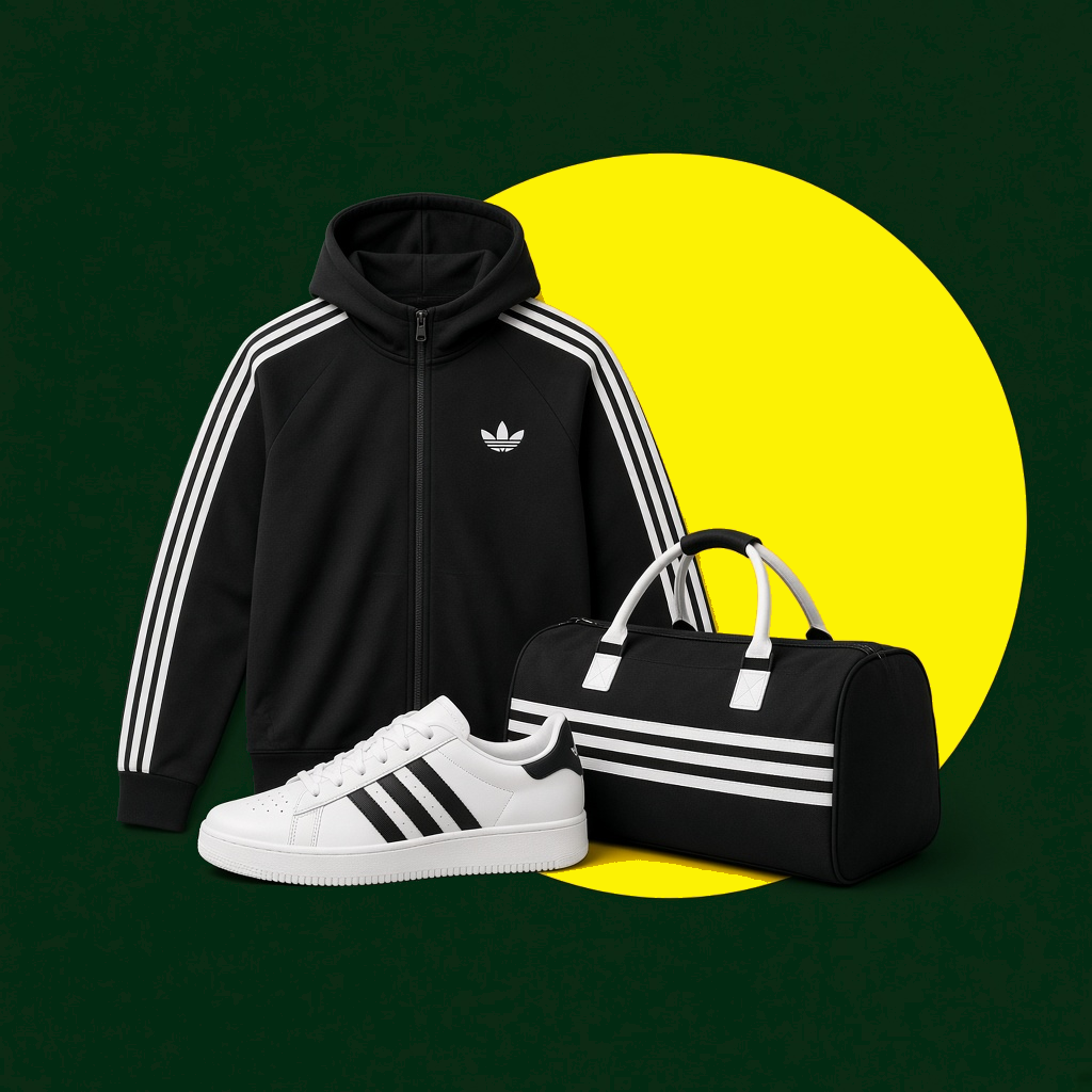 Black Adidas hoodie, white trainers and a black duffel bag